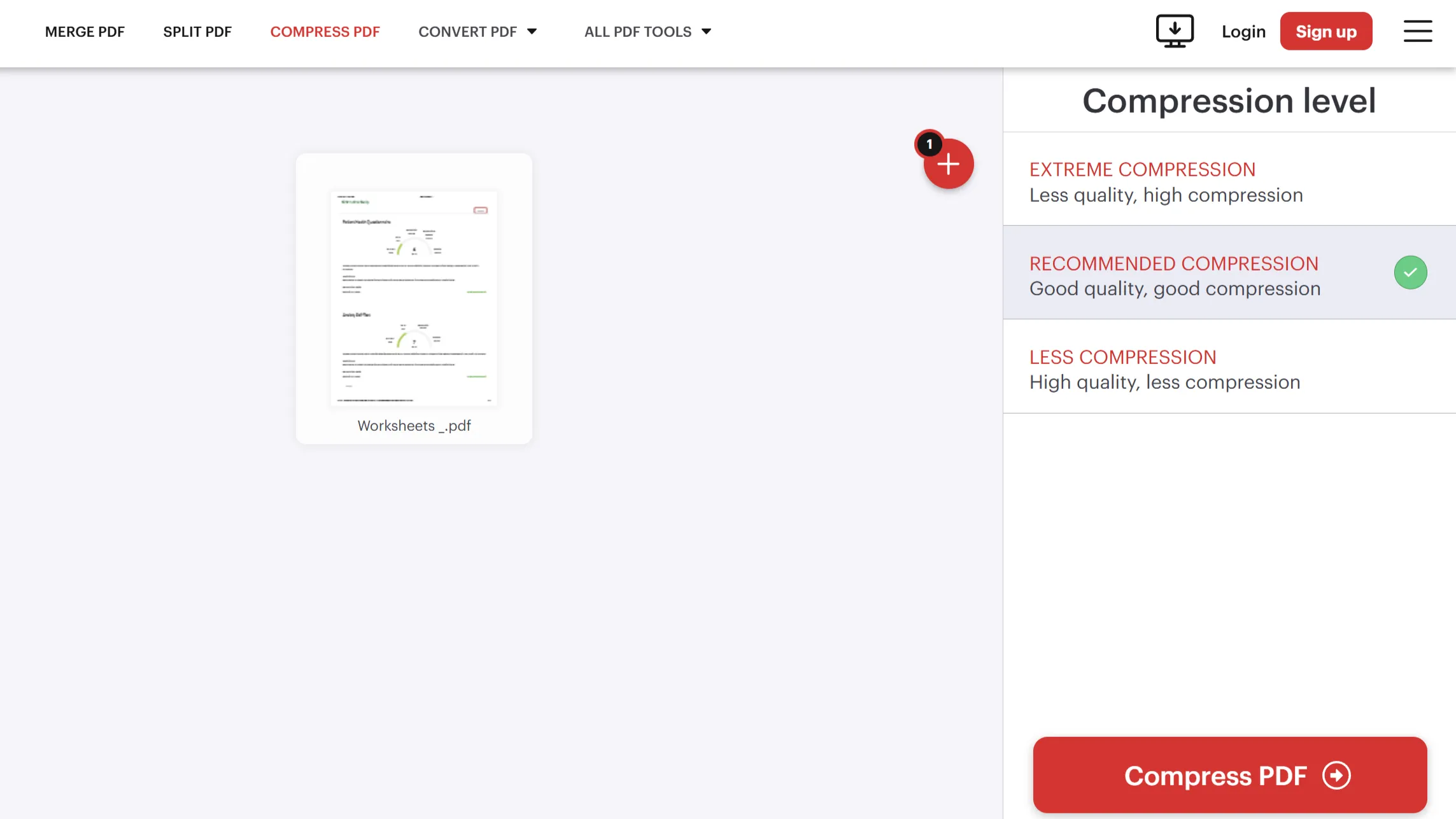 Giao diện iLovePDF hiển thị các tùy chọn mức độ nén PDF khác nhau