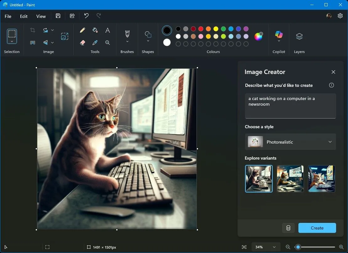 Giao diện Image Creator trong Microsoft Paint, hiển thị cách tạo ảnh từ mô tả văn bản và các kết quả hình ảnh AI.