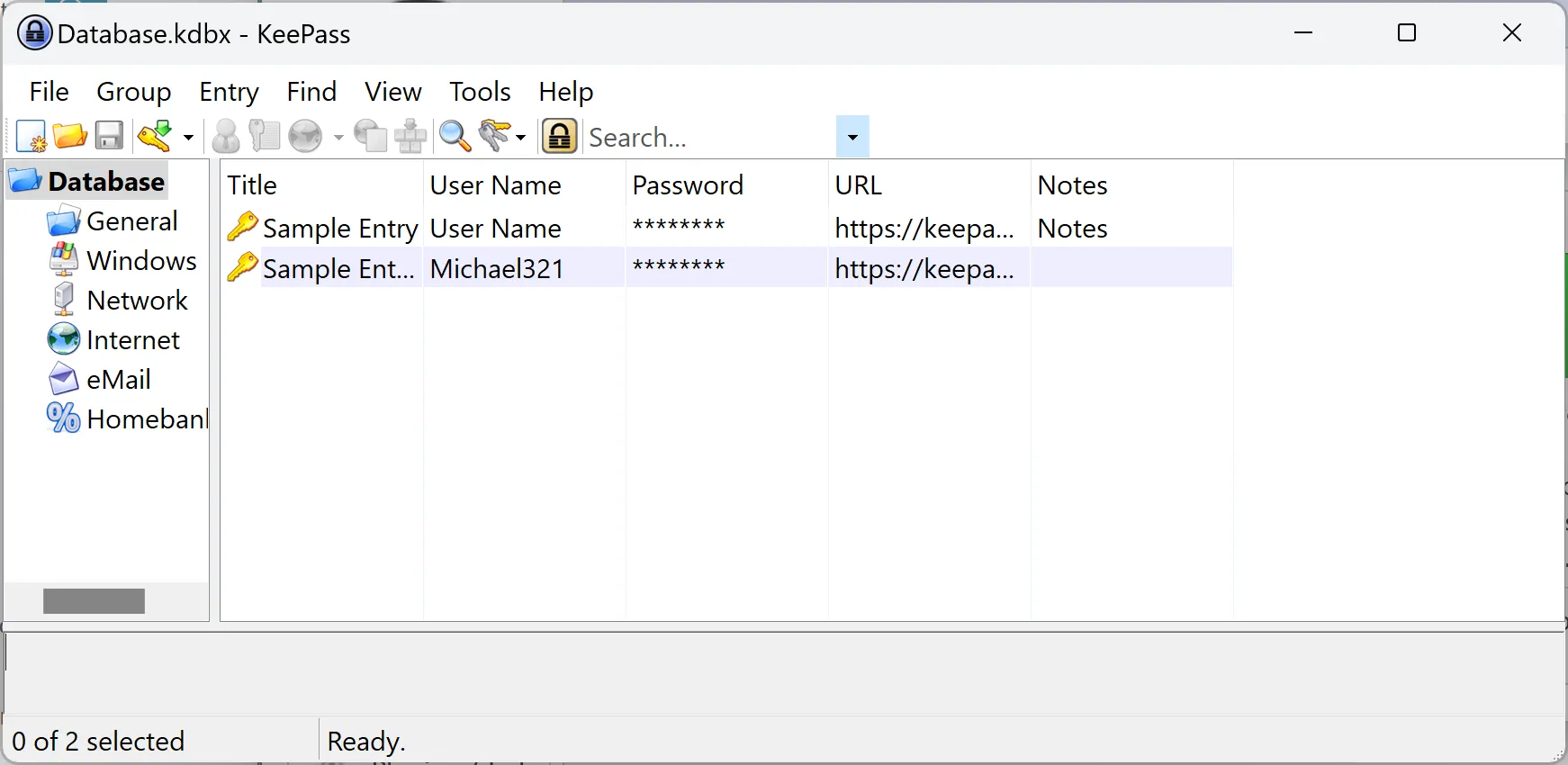 Giao diện KeePass hiển thị cơ sở dữ liệu mật khẩu mẫu đang được sử dụng để lưu trữ thông tin đăng nhập