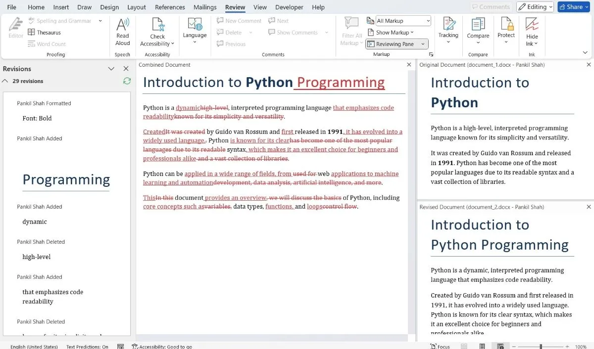 Giao diện kết quả so sánh tài liệu trong Microsoft Word, hiển thị các thay đổi được tô sáng và cấu trúc ba khung nhìn giúp người dùng dễ dàng theo dõi sự khác biệt.