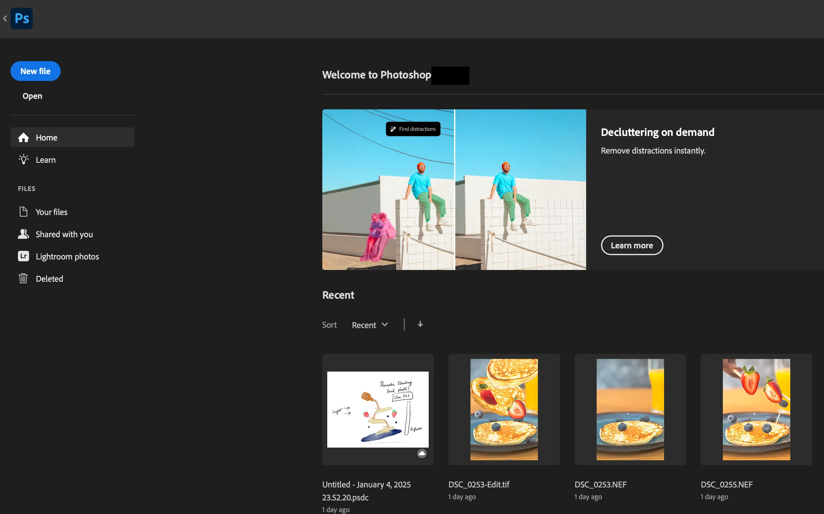 Giao diện khởi động Adobe Photoshop với tùy chọn mở file và các dự án gần đây