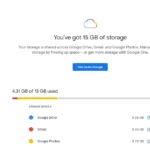 Giao diện kiểm tra dung lượng tài khoản Google, hiển thị mức sử dụng 15GB lưu trữ miễn phí cho Drive, Gmail và Photos