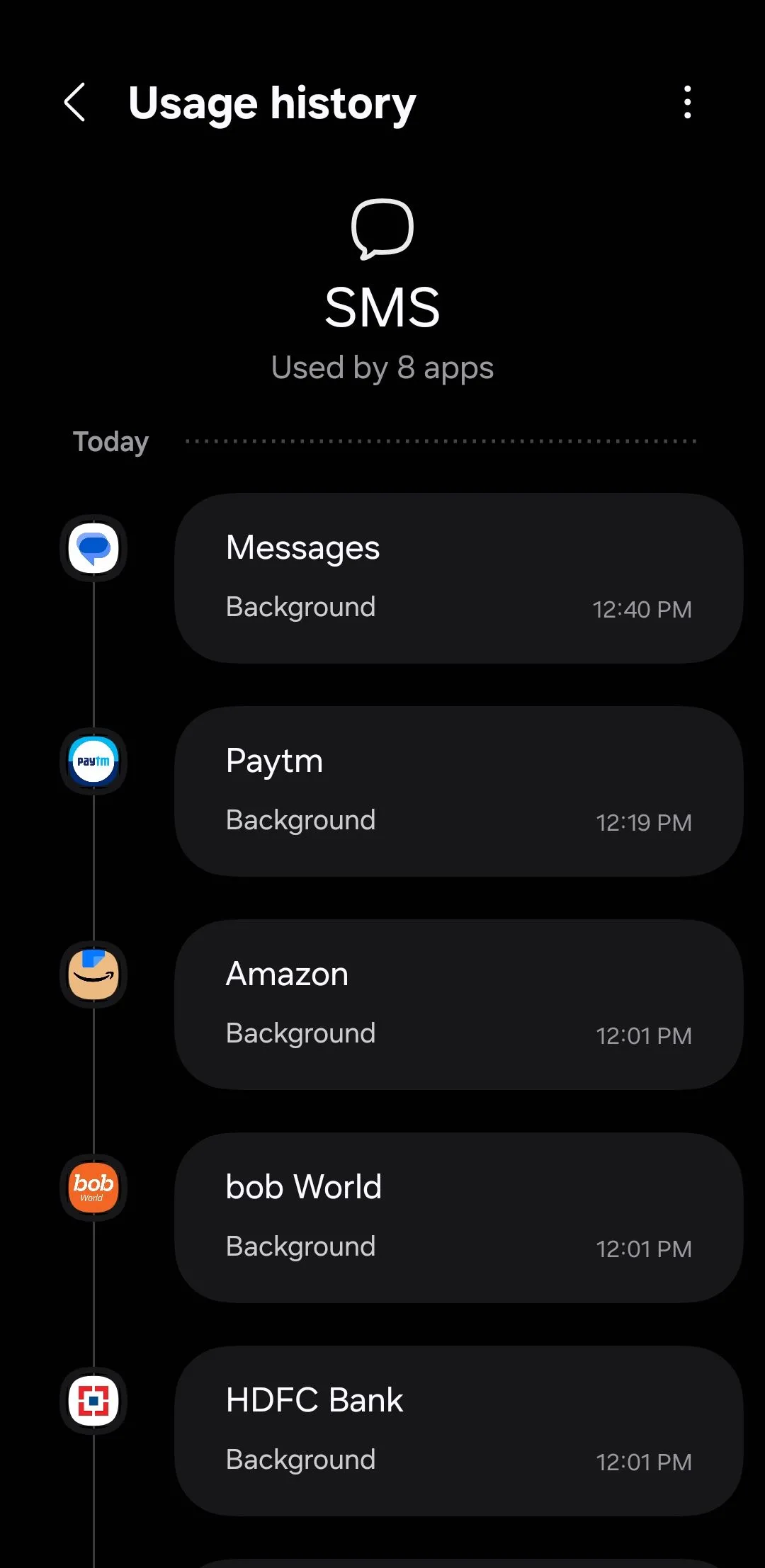 Giao diện kiểm tra quyền truy cập SMS của ứng dụng trên điện thoại Samsung