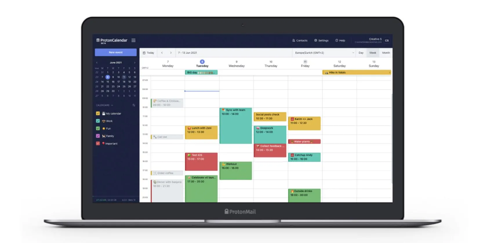 Giao diện lịch Proton Calendar trên máy tính với các mục sự kiện và lịch trình