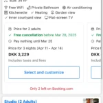 Giao diện lựa chọn loại phòng và các tùy chọn thanh toán linh hoạt trên ứng dụng Booking.com