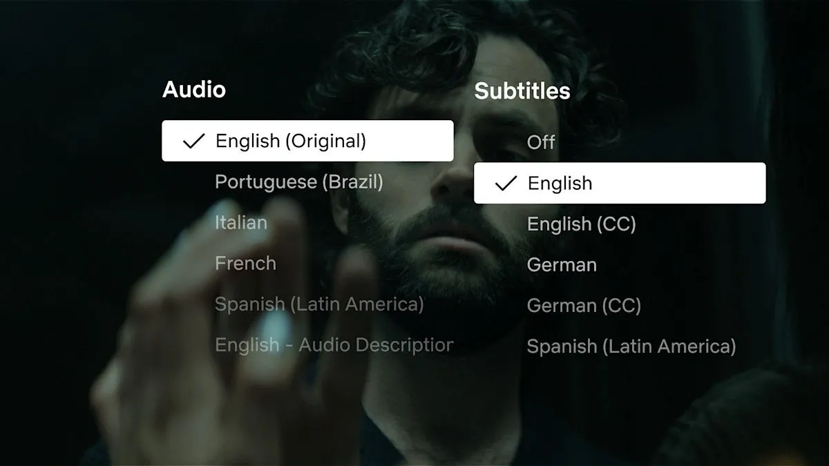 Giao diện lựa chọn phụ đề trên Netflix, hướng dẫn cách bật tùy chọn phụ đề chỉ hội thoại thay vì phụ đề CC.