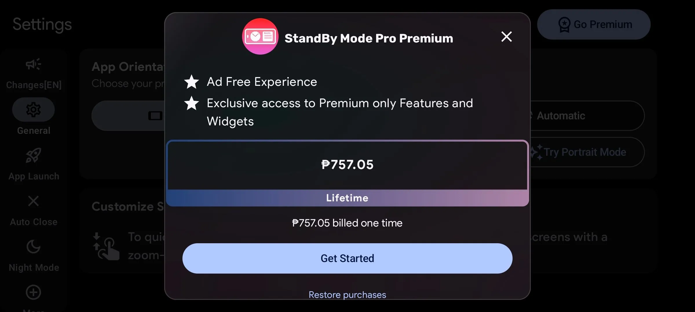 Giao diện màn hình mua bản Premium trọn đời của ứng dụng StandBy Mode Pro trên Android, hiển thị tùy chọn nâng cấp trọn gói.