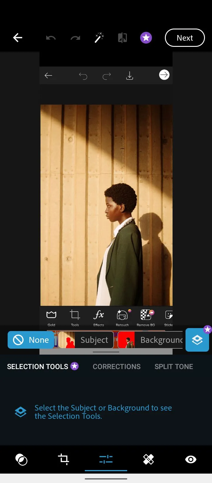 Giao diện menu chỉnh sửa của ứng dụng Adobe Photoshop Express với các tùy chọn công cụ.