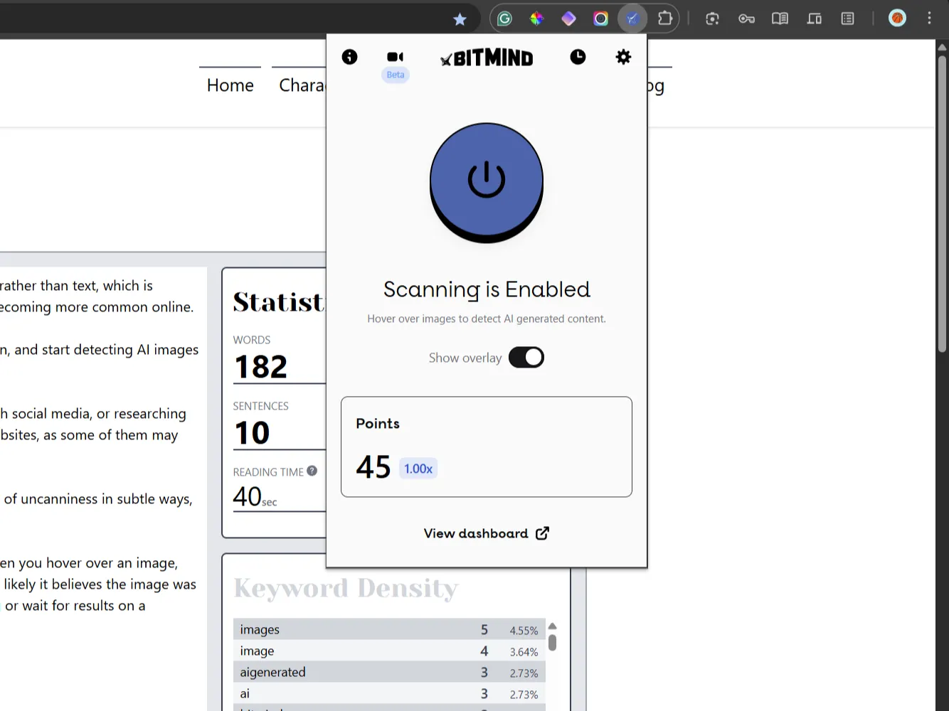 Giao diện menu của tiện ích mở rộng BitMind Chrome, hiển thị các tùy chọn và chỉ báo phần trăm AI trên hình ảnh trong nền.