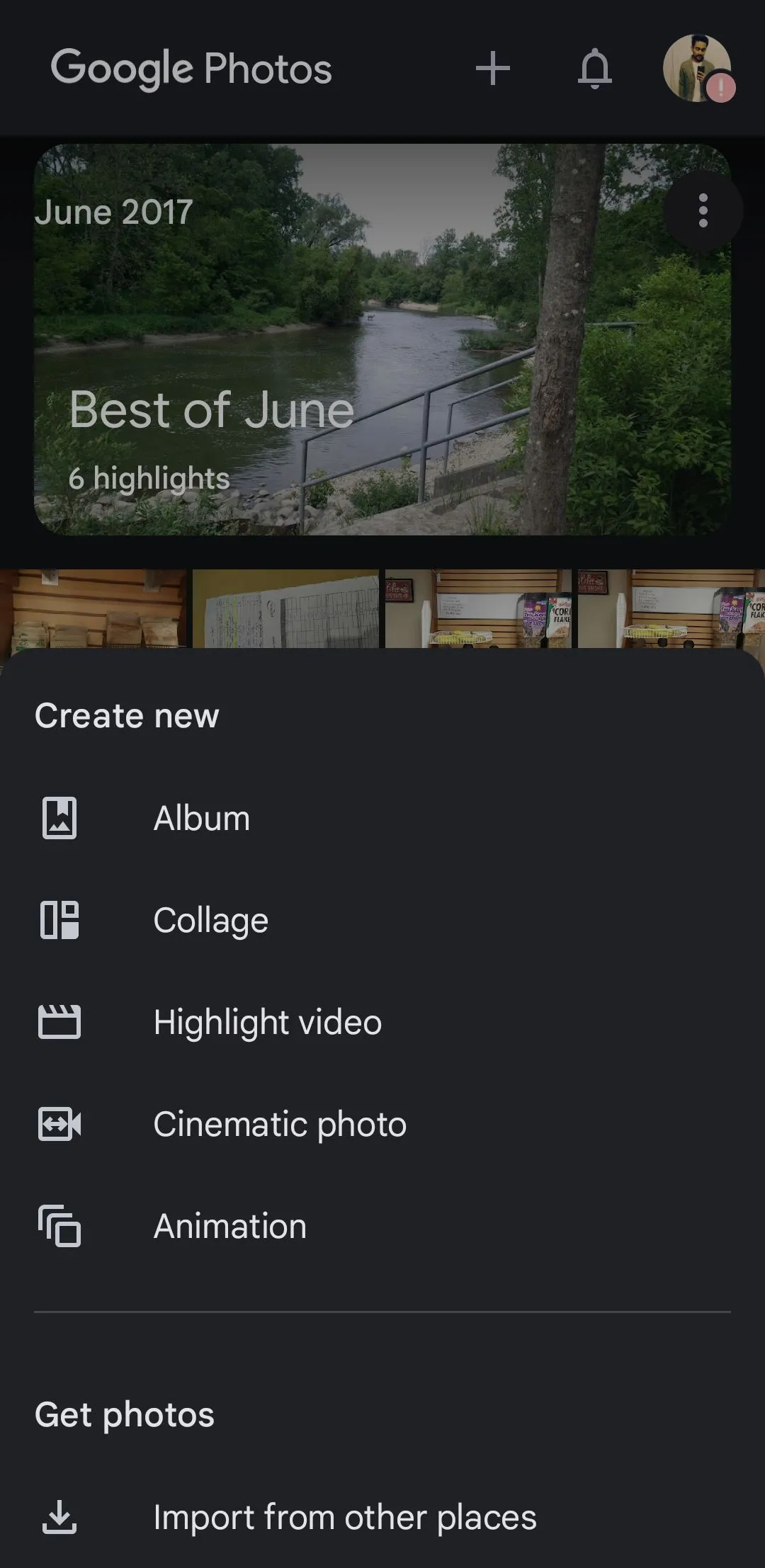 Giao diện menu &quot;Tạo mới&quot; trong Google Photos trên thiết bị di động, với các tùy chọn như ghép ảnh, tạo ảnh động