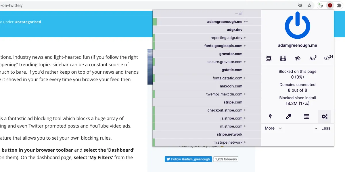 Giao diện menu uBlock Origin với biểu tượng Dashboard được đánh dấu