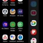 Giao diện menu ứng dụng trên Bảng điều khiển cạnh (Edge panel) của điện thoại Samsung, hiển thị các ứng dụng và cặp ứng dụng đa nhiệm được thêm vào để truy cập nhanh.