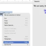 Giao diện Microsoft Word hiển thị menu chuột phải với tùy chọn Smart Lookup trước khi bị vô hiệu hóa