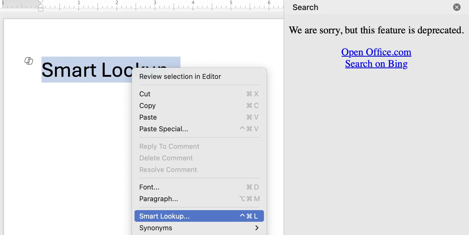Giao diện Microsoft Word hiển thị menu chuột phải với tùy chọn Smart Lookup trước khi bị vô hiệu hóa
