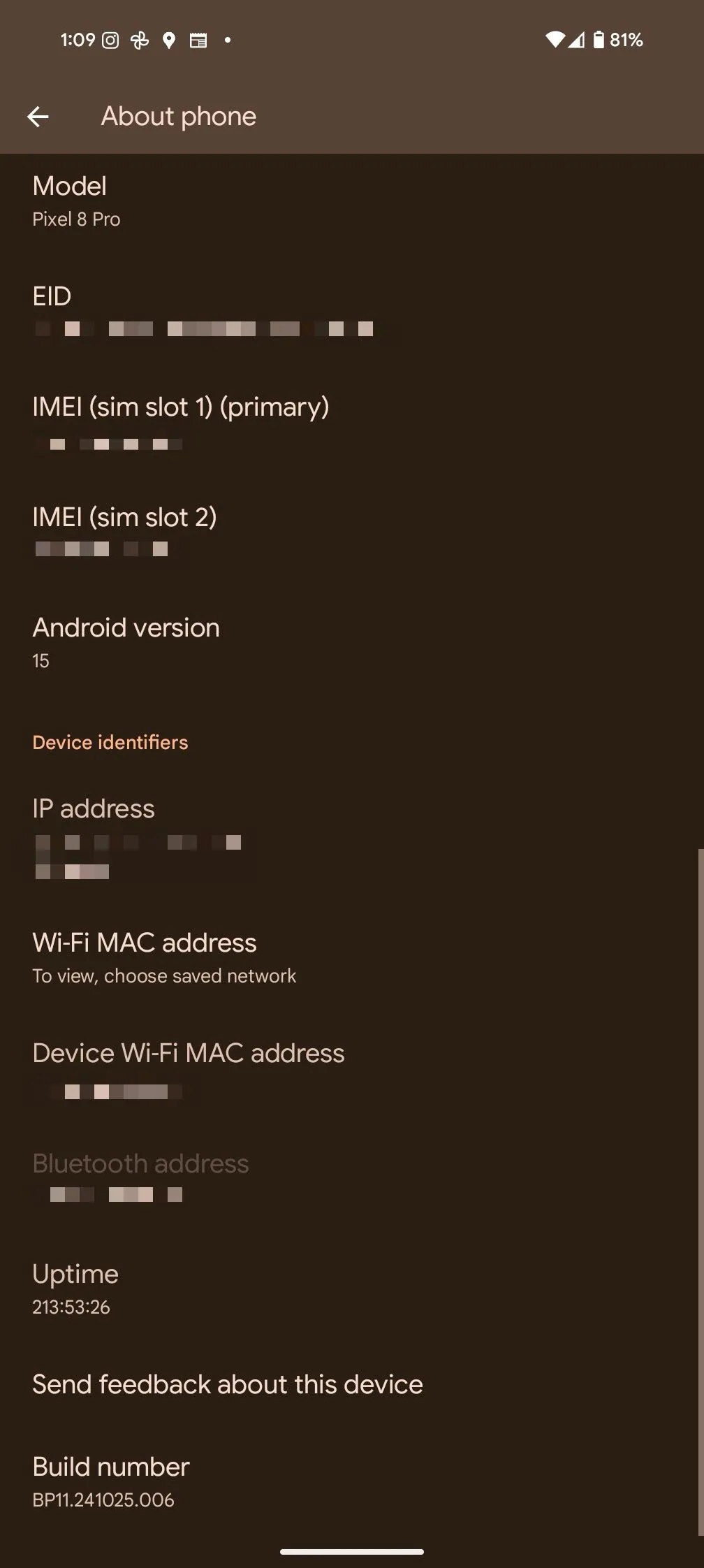 Giao diện mục Giới thiệu điện thoại trên Pixel 8 Pro, nơi tìm thấy Số bản dựng để bật Tùy chọn nhà phát triển Android