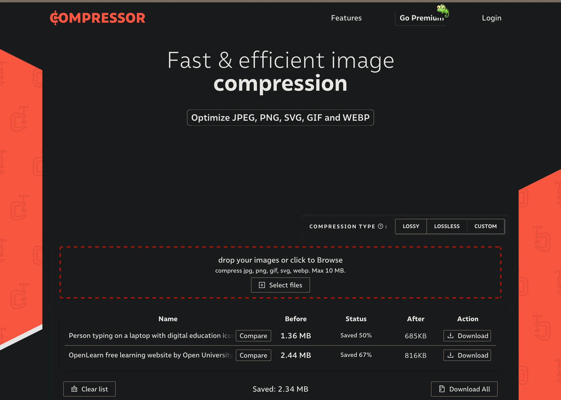 Giao diện nén ảnh của Compressor.io