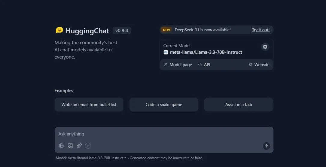 Giao diện nền tảng trò chuyện AI HuggingChat của HuggingFace