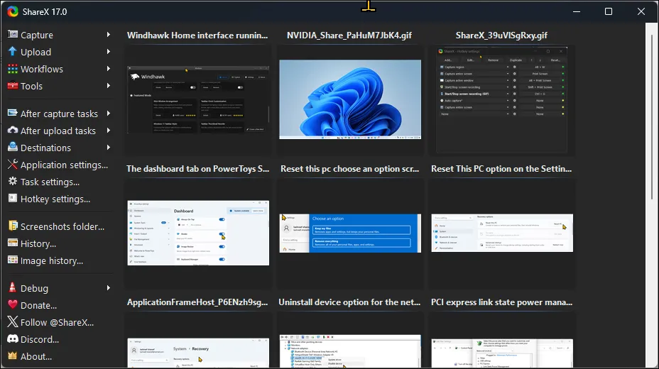 Giao diện người dùng của phần mềm chụp ảnh và quay màn hình ShareX trên Windows 11