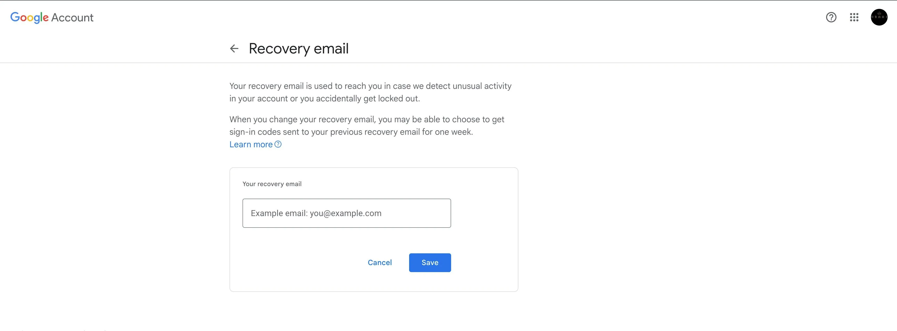 Giao diện nhập email khôi phục trong cài đặt tài khoản Google, minh họa cách kiểm tra tùy chọn khôi phục tài khoản sao lưu.
