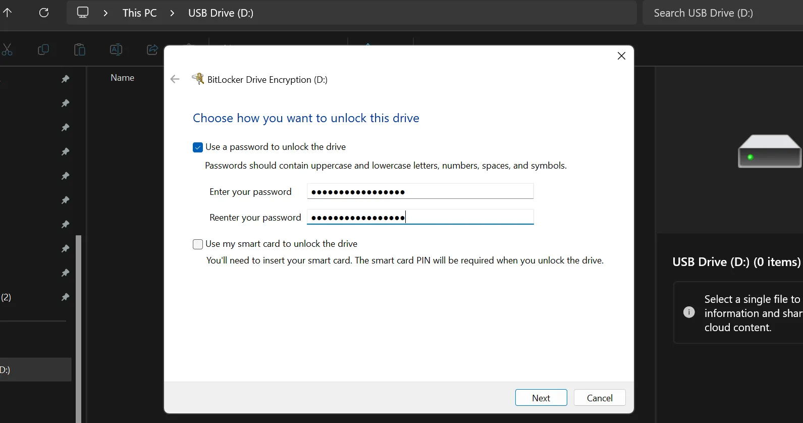 Giao diện nhập mật khẩu để mã hóa USB bằng BitLocker trên Windows