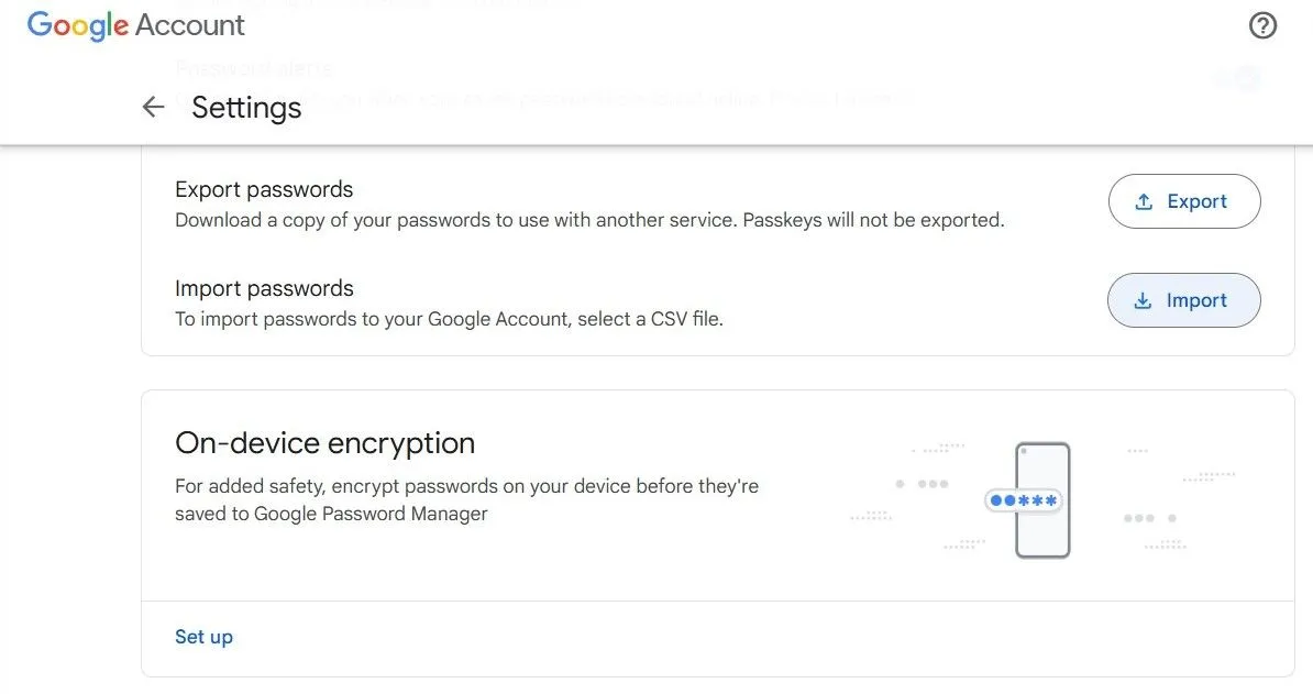 Giao diện nhập tệp CSV chứa mật khẩu vào Google Password Manager