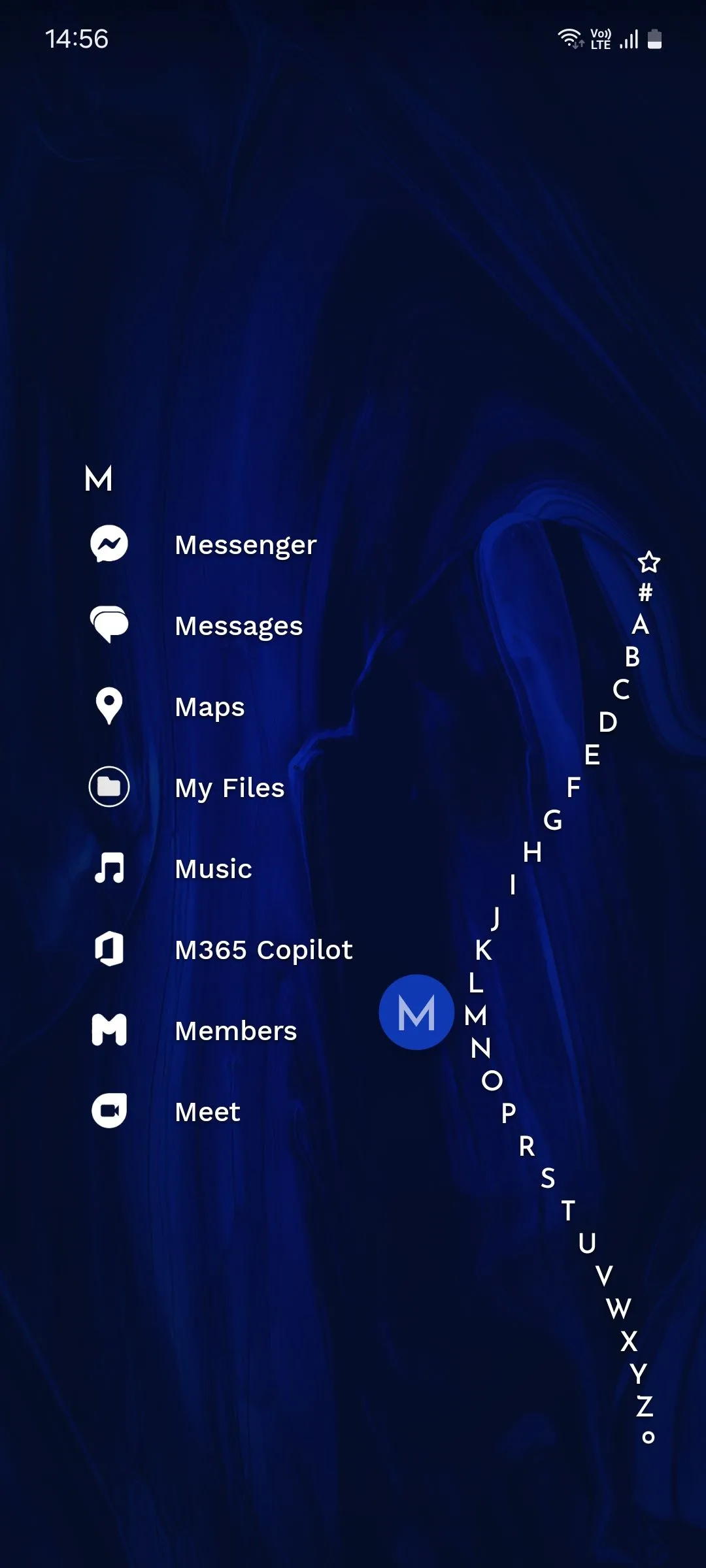 Giao diện Niagara Launcher hiển thị danh sách ứng dụng được sắp xếp theo bảng chữ cái