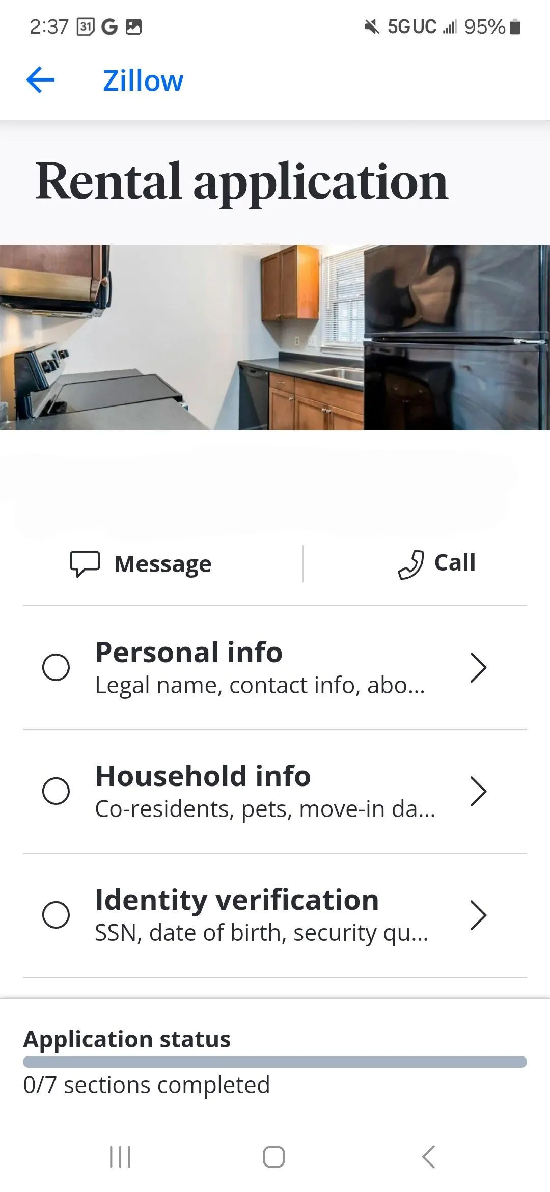 Giao diện nộp đơn thuê nhà trên Zillow yêu cầu thông tin cá nhân và hộ gia đình