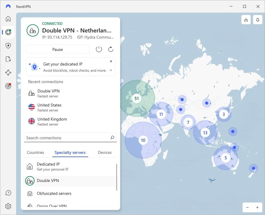 Giao diện NordVPN cho thấy tính năng Double VPN (Multihop VPN) đã được kích hoạt, một giải pháp thay thế hiệu quả cho việc dùng hai VPN độc lập.