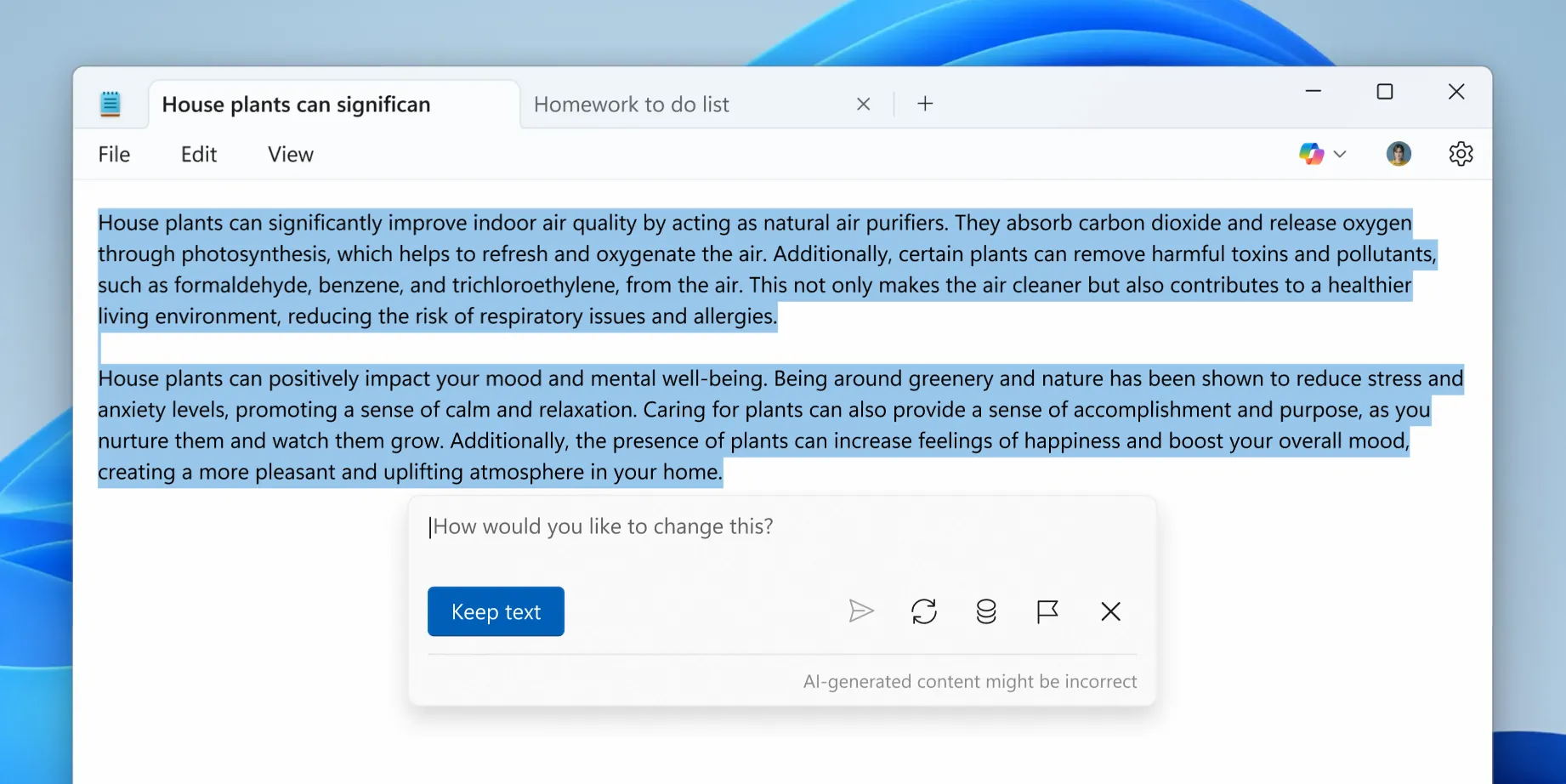 Giao diện Notepad minh họa tính năng &quot;Viết&quot; mới của Copilot, cho phép người dùng tạo nội dung từ đầu dựa trên gợi ý bằng AI tạo sinh.