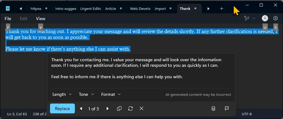 Giao diện Notepad trên Windows 11 với chủ đề tối (Dark Mode) đang được bật