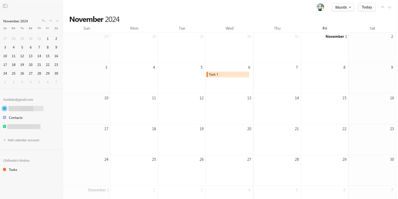 Giao diện Notion Calendar hiển thị các tác vụ và sự kiện đã đồng bộ.