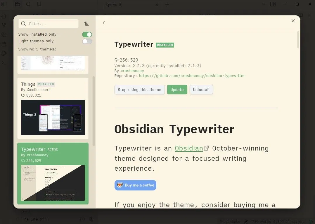 Giao diện Obsidian với Typewriter theme mang phong cách cổ điển