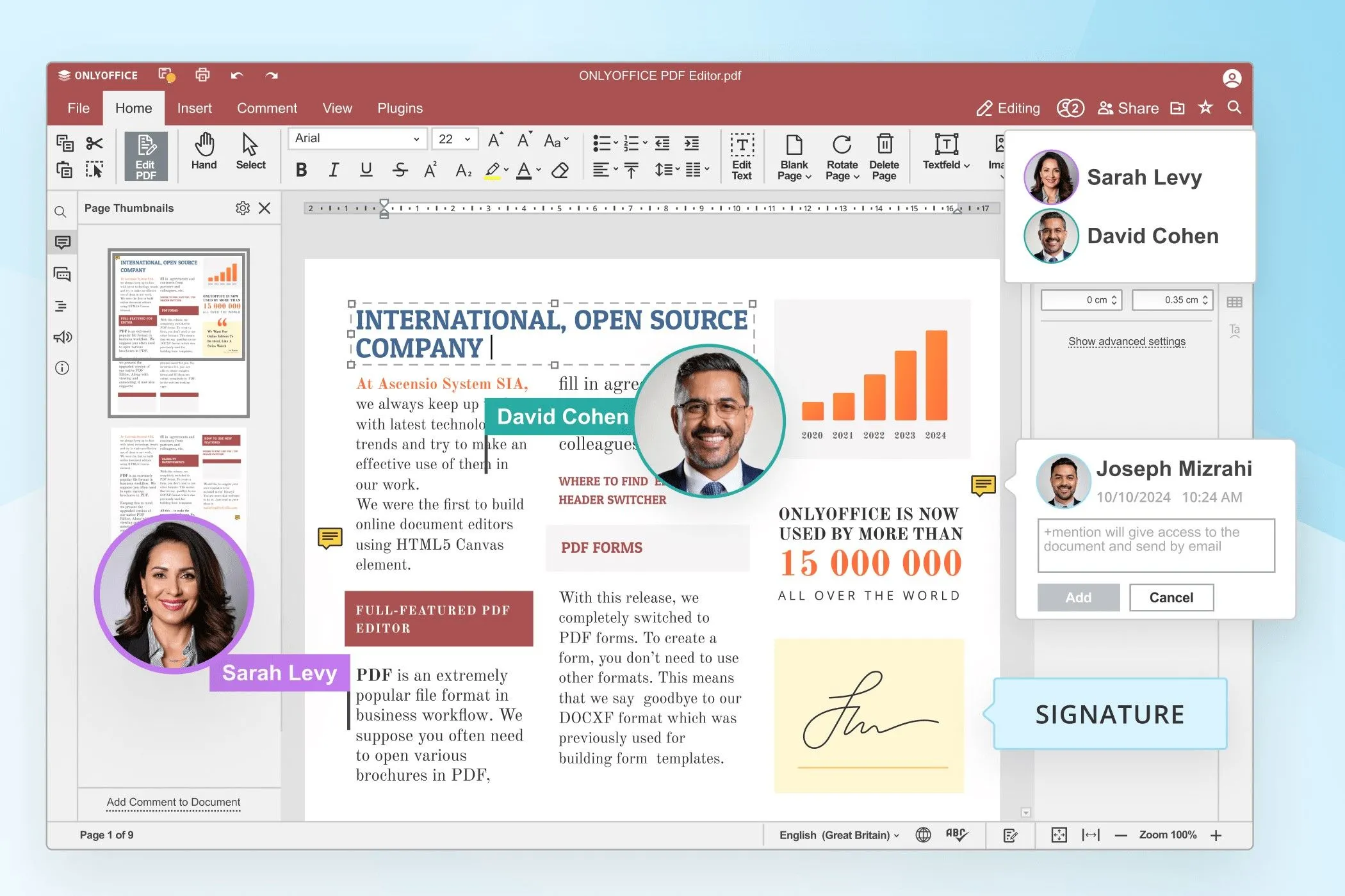 Giao diện OnlyOffice PDF Editor với các công cụ chỉnh sửa tài liệu và chú thích