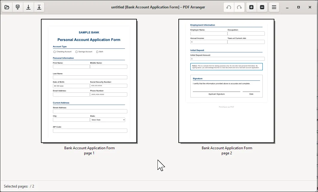 Giao diện PDF Arranger với các trang PDF được hiển thị dưới dạng hình thu nhỏ để sắp xếp