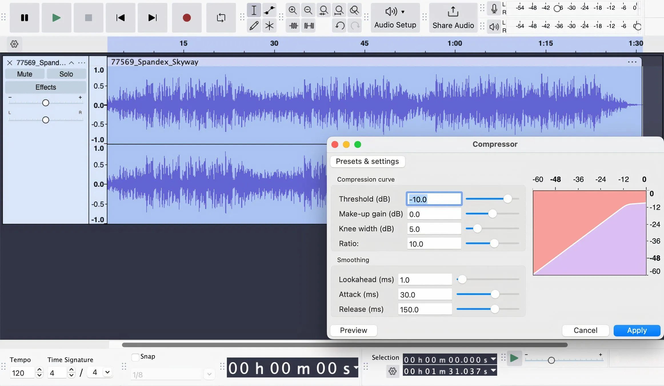 Giao diện phần mềm Audacity hiển thị plugin nén âm thanh (Compressor) đang được sử dụng