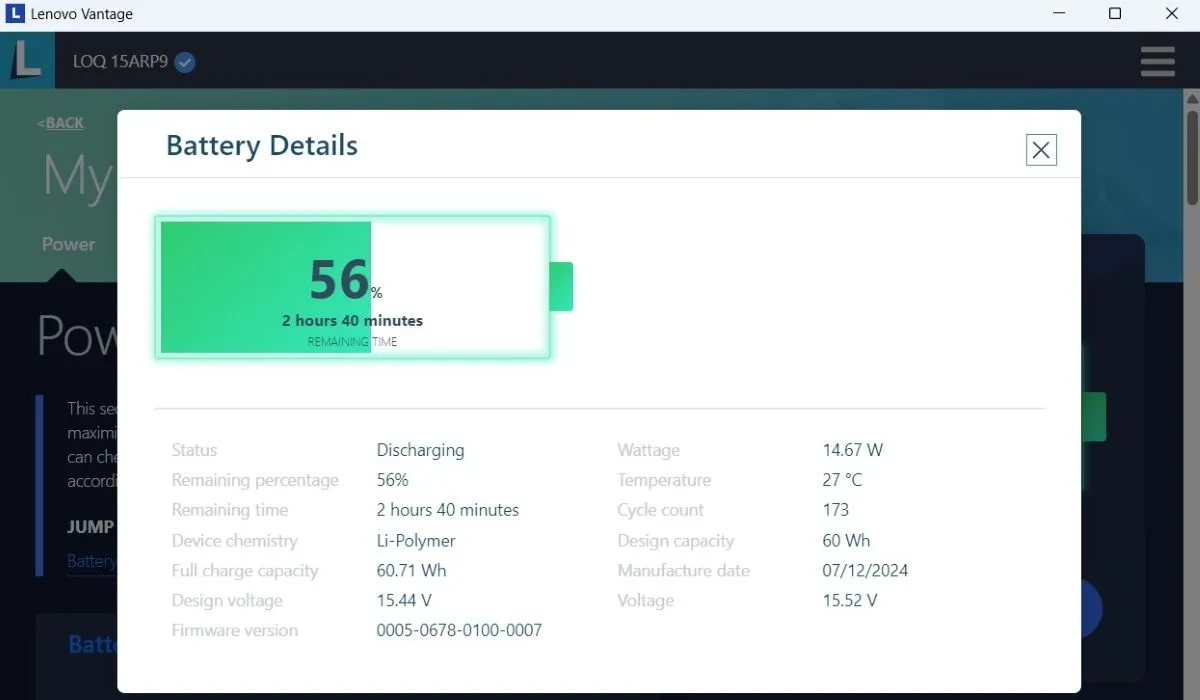 Giao diện phần mềm Lenovo Vantage hiển thị thông tin chi tiết về pin laptop, bao gồm tình trạng và số chu kỳ sạc