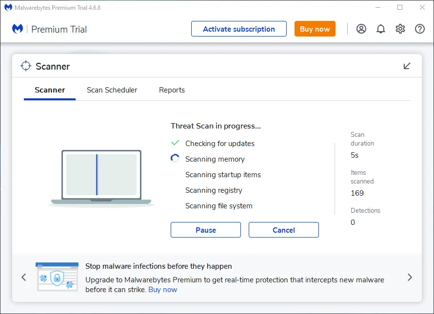 Giao diện phần mềm Malwarebytes hiển thị trạng thái bảo vệ đang hoạt động, giúp chống lại các cuộc tấn công phishing và mã độc