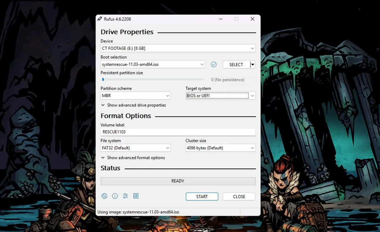 Giao diện phần mềm Rufus với các cài đặt để tạo USB boot SystemRescue từ file ISO