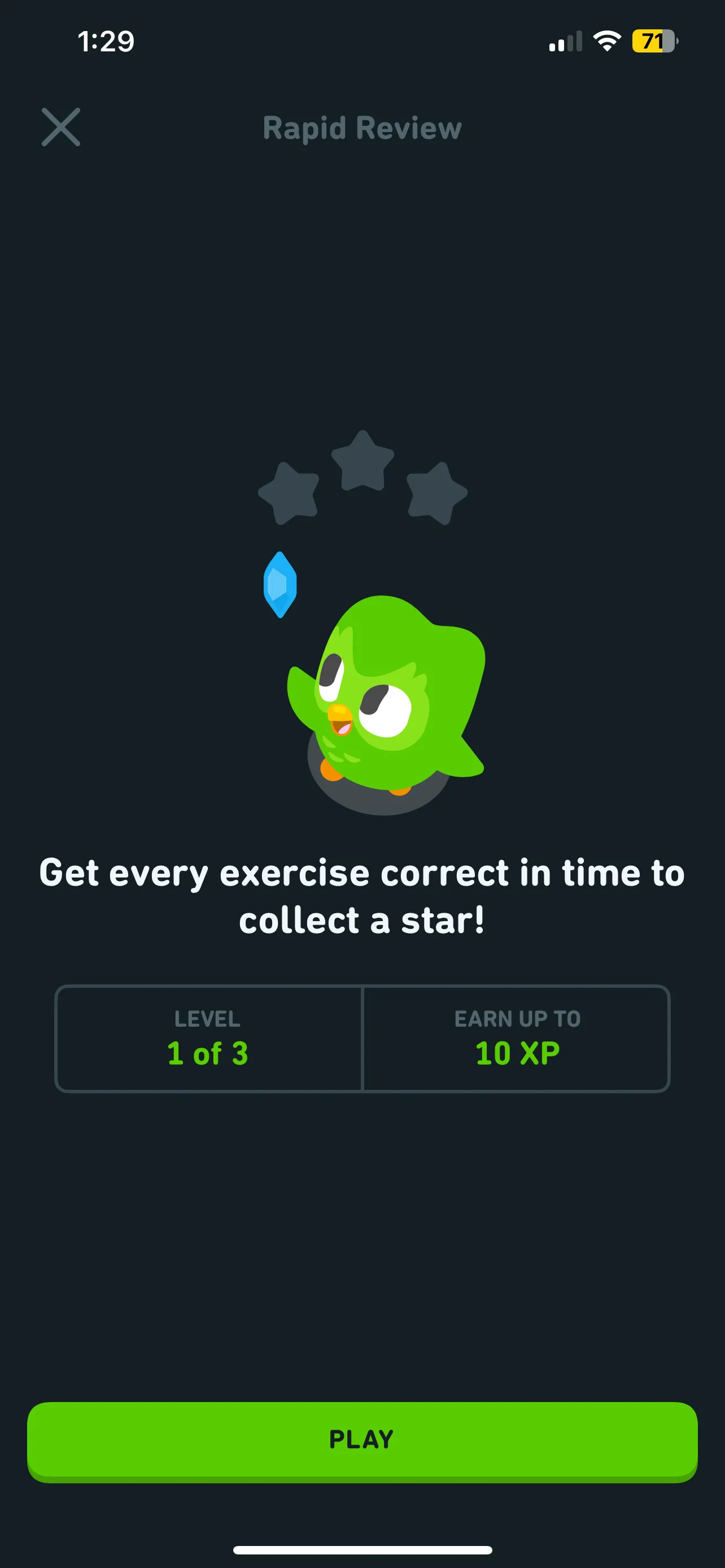 Giao diện phiên Ôn tập nhanh (Rapid Review) đầu tiên trong Duolingo, một tính năng ôn luyện hiệu quả có thời gian giới hạn.