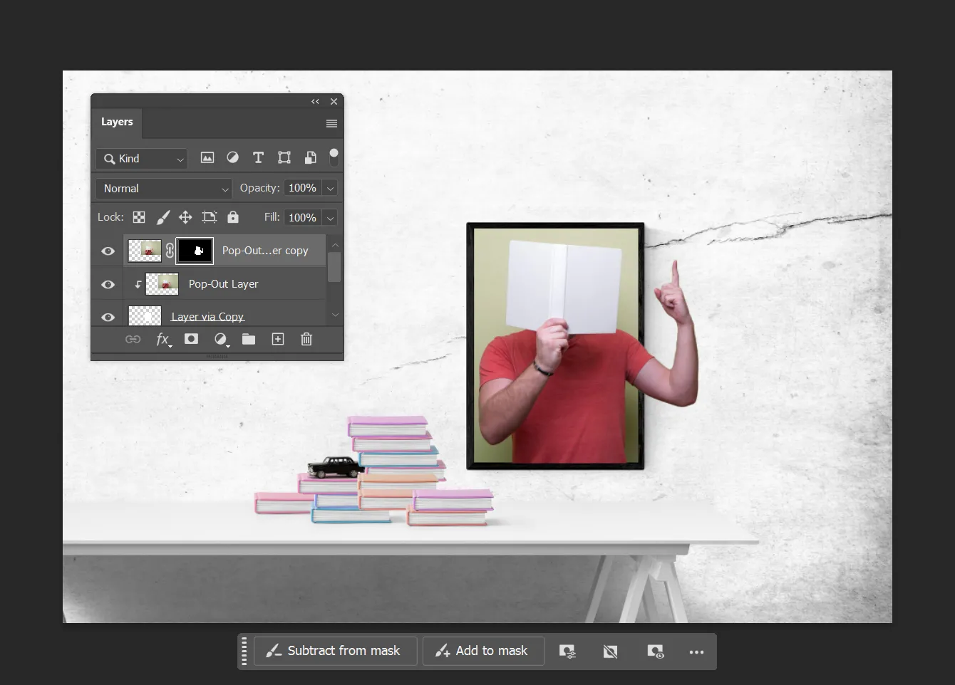 Giao diện Photoshop cho thấy layer chủ thể pop-out với Layer Mask được sử dụng để che đi các phần không mong muốn, tạo ảo ảnh 3D.