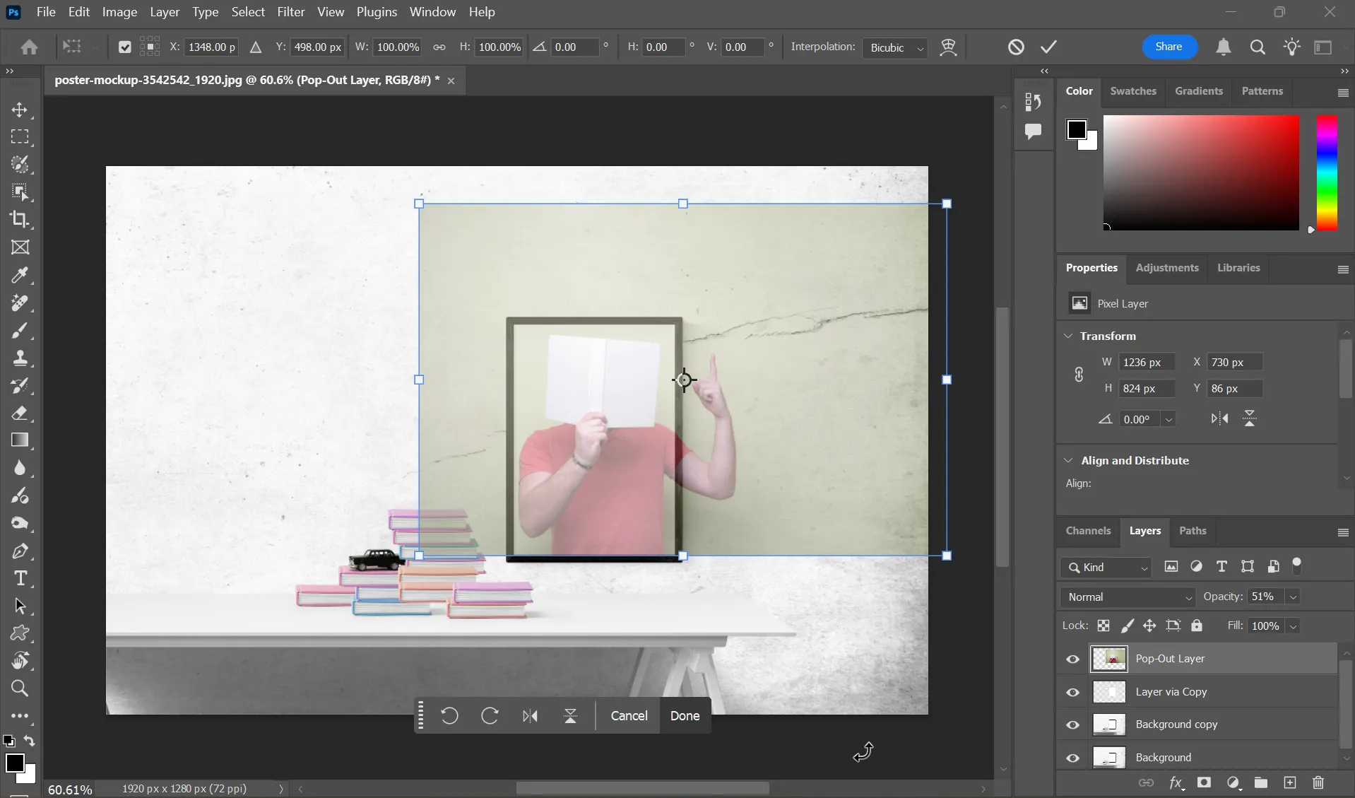 Giao diện Photoshop hiển thị cách đặt và điều chỉnh kích thước ảnh pop-out để tạo hiệu ứng 3D chân thực.