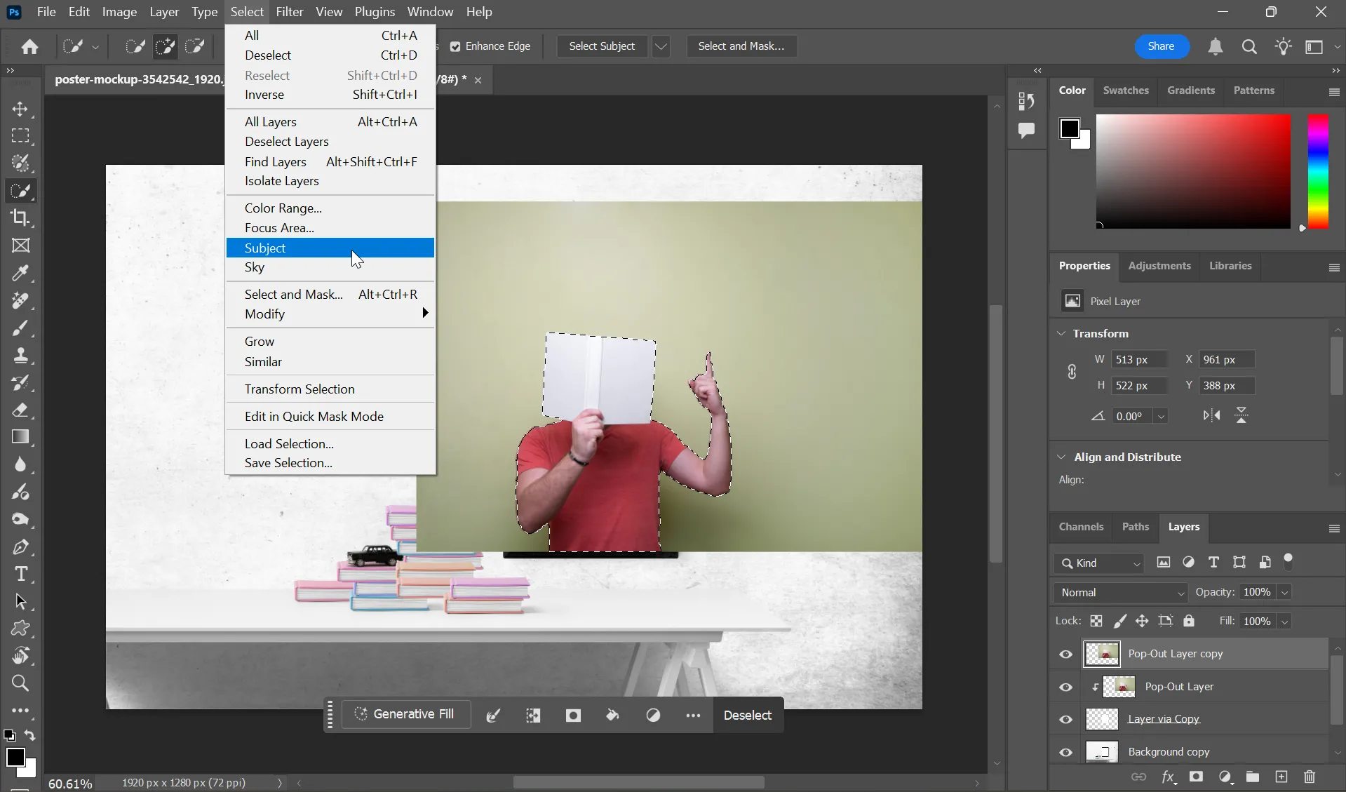 Giao diện Photoshop hiển thị chủ thể chính đã được chọn bằng tính năng Select Subject, sẵn sàng cho việc tạo hiệu ứng tách ảnh 3D.