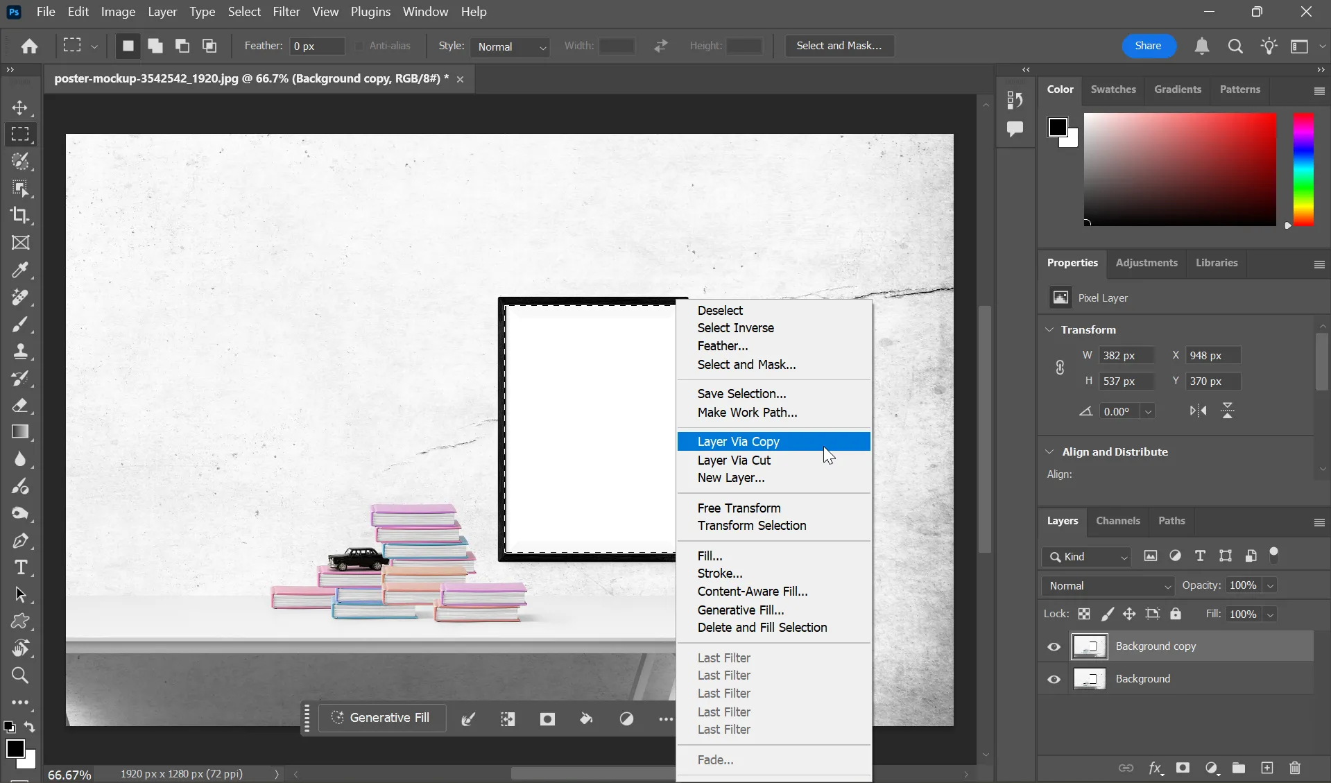 Giao diện Photoshop hiển thị lớp nền đã được chọn và tạo Layer via Copy để làm khung cho hiệu ứng pop-out.