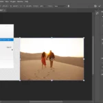 Giao diện Photoshop với công cụ Content-Aware Scale được kích hoạt và hộp giới hạn xung quanh ảnh