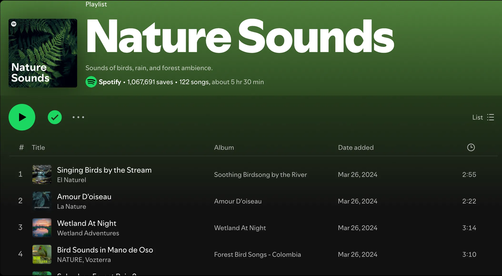 Giao diện playlist Nature Sounds trên Spotify giúp thư giãn và tập trung