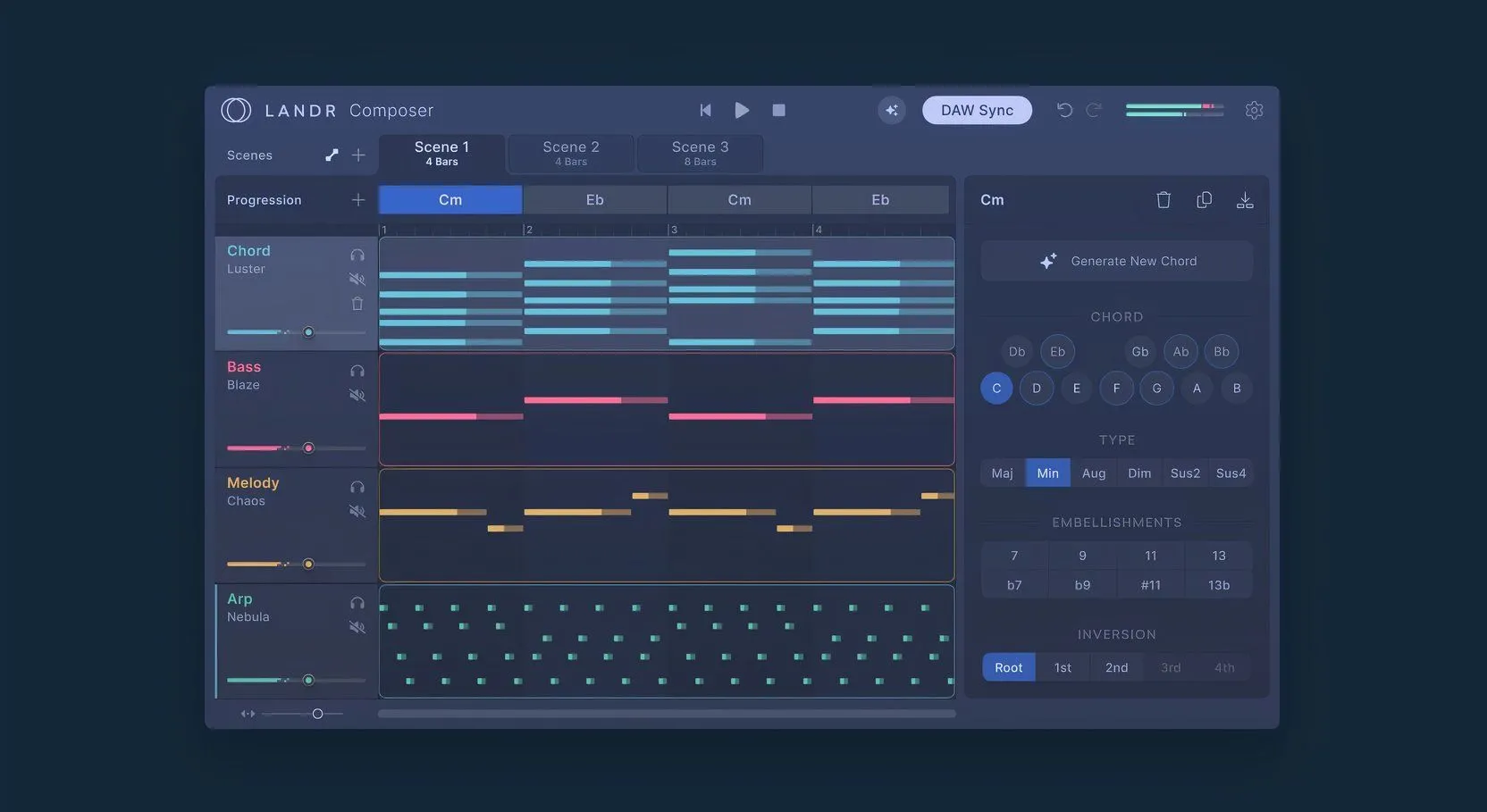 Giao diện plugin LANDR Composer hiển thị các thành phần tạo nên một bài hát như giai điệu, bassline và nhịp điệu.