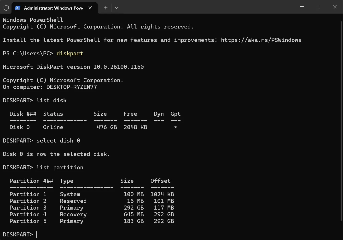 Giao diện PowerShell hiển thị danh sách các phân vùng ổ đĩa trên Windows