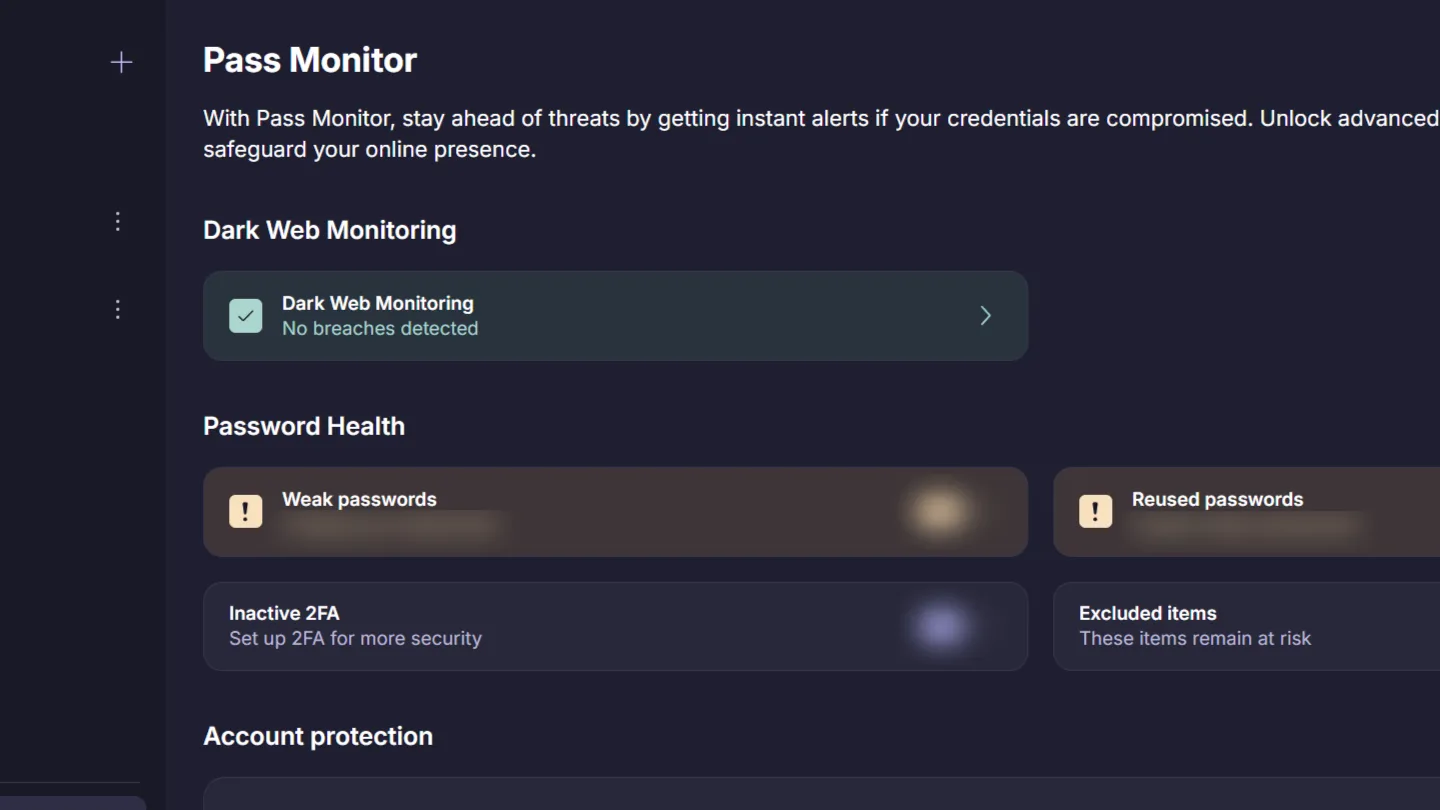 Giao diện Proton Pass Dark Web Monitor hiển thị không có dữ liệu bị rò rỉ, minh họa tính năng giám sát thông tin