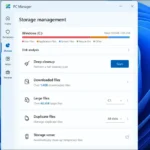 Giao diện quản lý bộ nhớ của Microsoft PC Manager với các tùy chọn phân tích ổ đĩa, dọn dẹp file tải về và file trùng lặp.