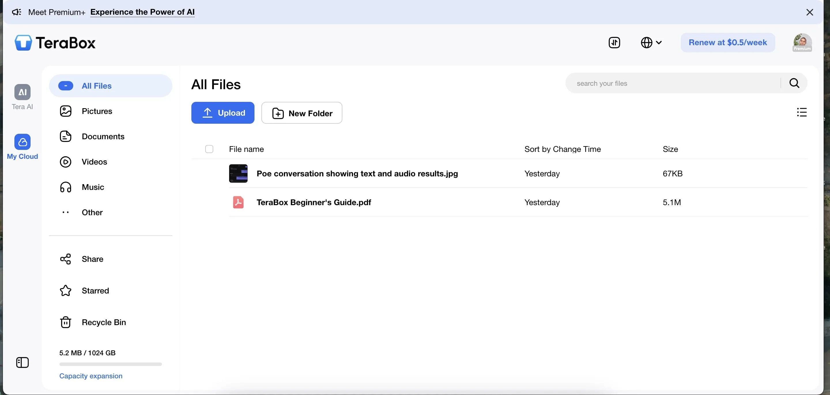 Giao diện quản lý file và dung lượng của TeraBox trên phiên bản web desktop